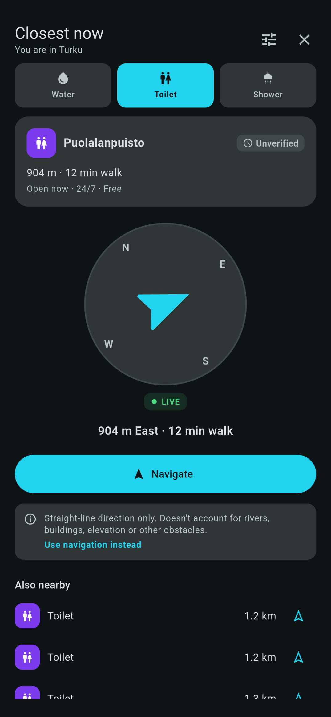 Compass mode pointing at the nearest toilet, 904 metres away and about a 12 minute walk.