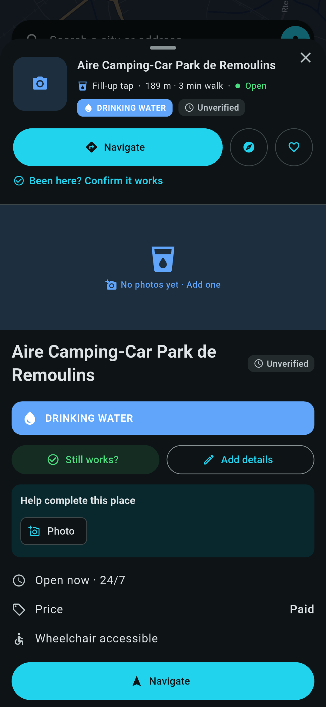 A place sheet showing the Add details action and a prompt to add a photo.