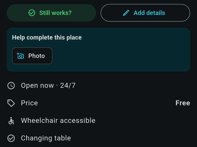 A place sheet for a public toilet, showing it is free, open 24/7, wheelchair accessible and has a changing table.