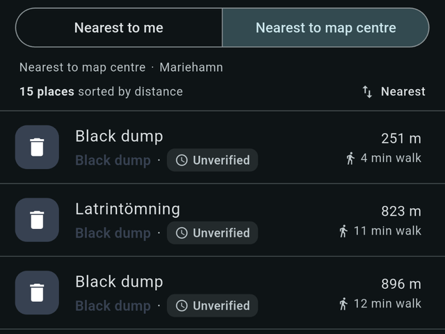 A list of dump stations near the map centre, the closest 251 metres away.