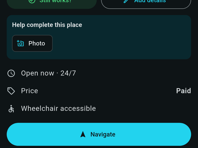 A place sheet for a fill-up tap, showing it is open 24/7, paid and wheelchair accessible.
