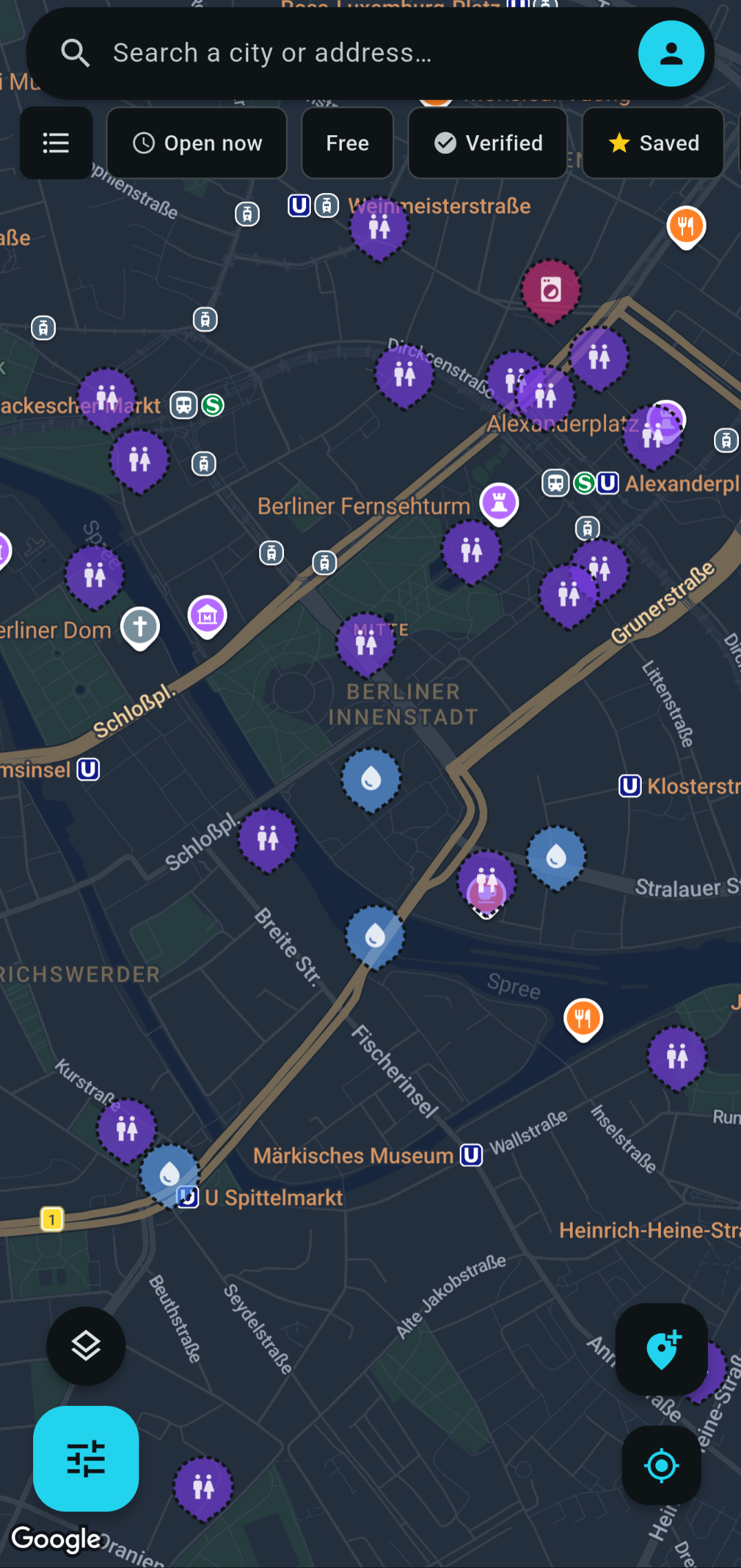 The Fontavio map over central Berlin, with toilets, drinking water and a laundry marked in their category colours.