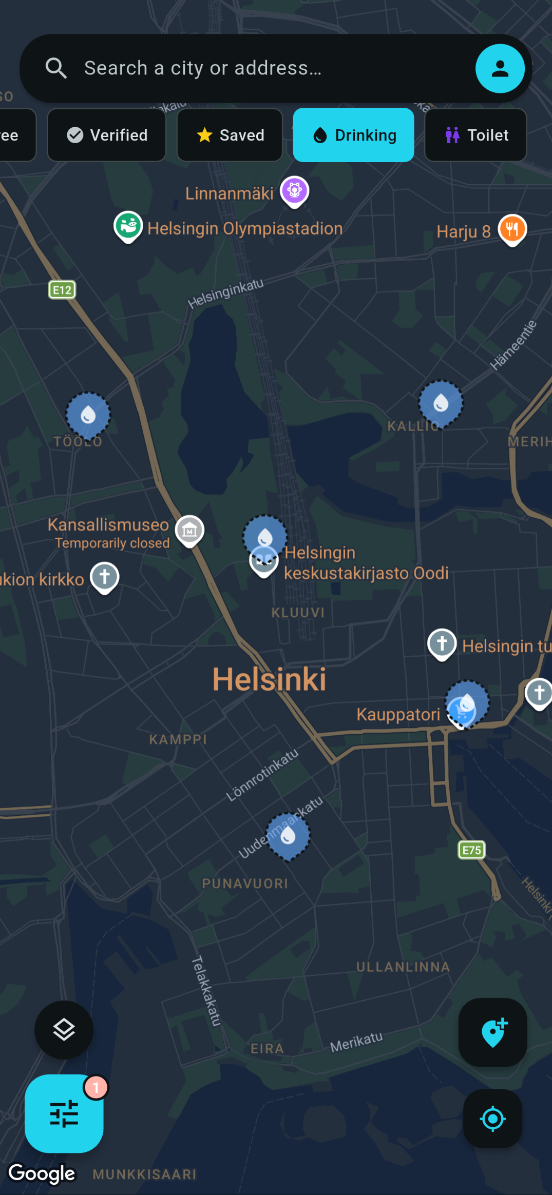 The Fontavio map over Helsinki with the drinking water filter on, showing fountains across the city centre.